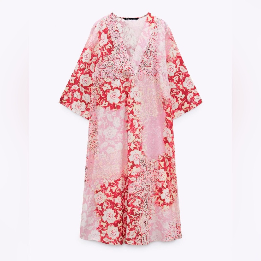 Zara Linen Blend Paisley Printed V-neck Shift Maxi Dress